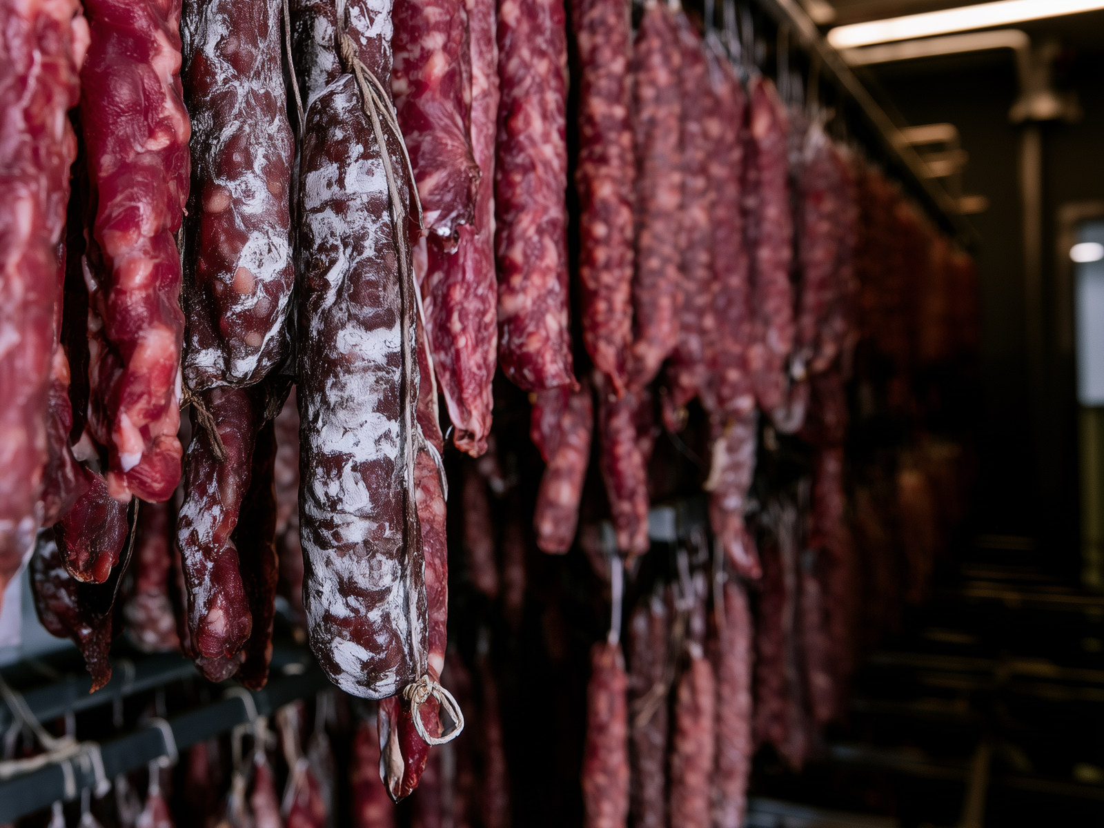 Dry-cured salami hanging in the curing room