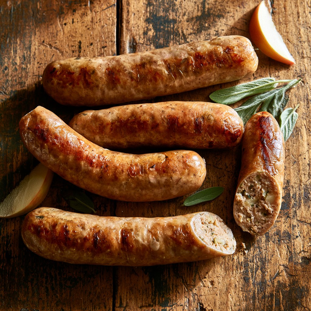 Cooked apple and sage sausages arranged on a wooden surface