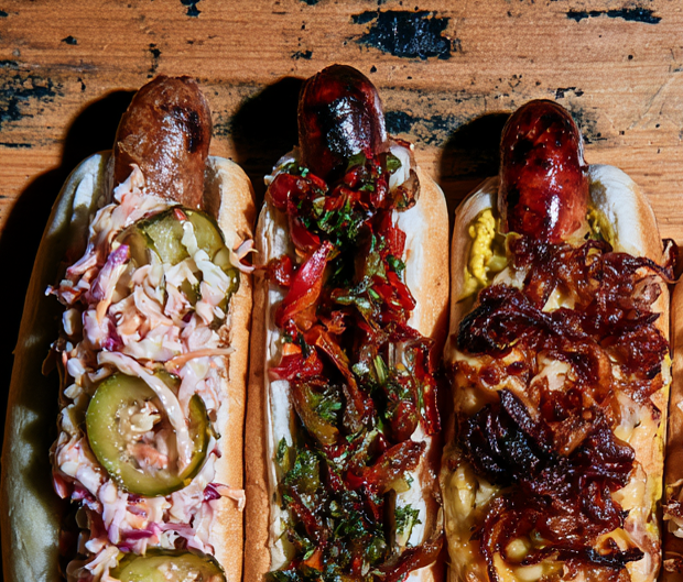 Three prepared hot dogs with assorted toppings