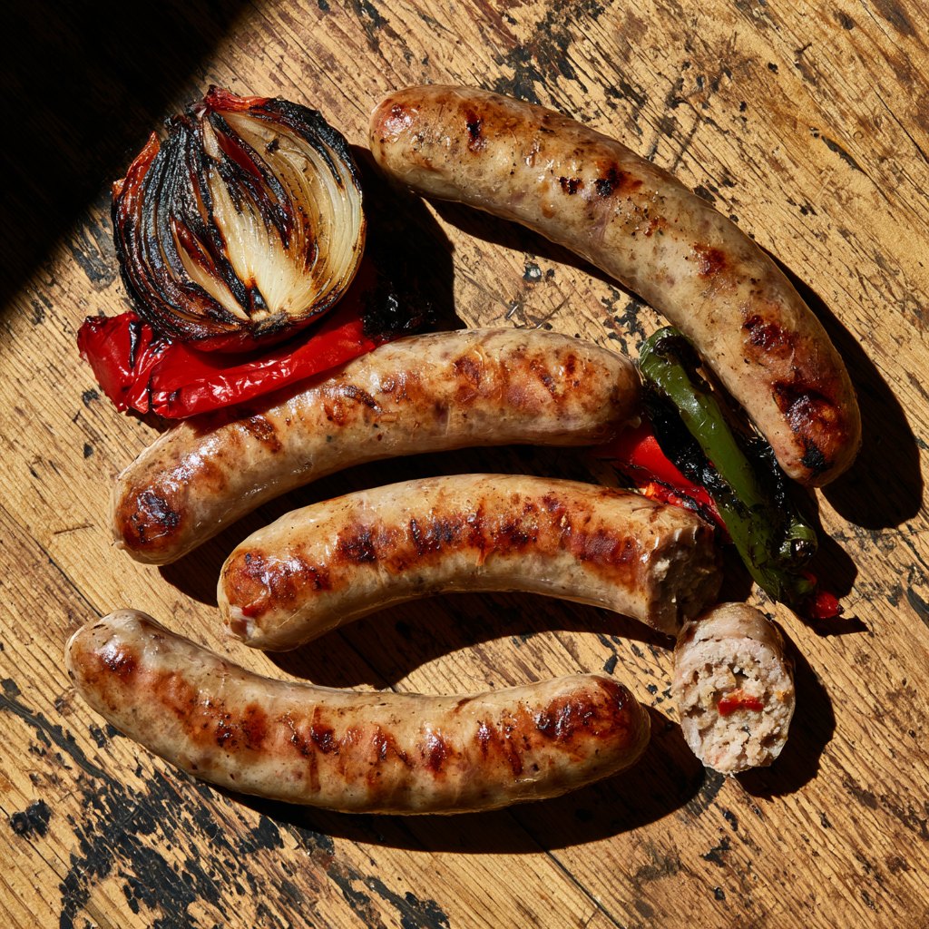 Caramelized onion and pepper sausages in the ownership-mapped product photograph