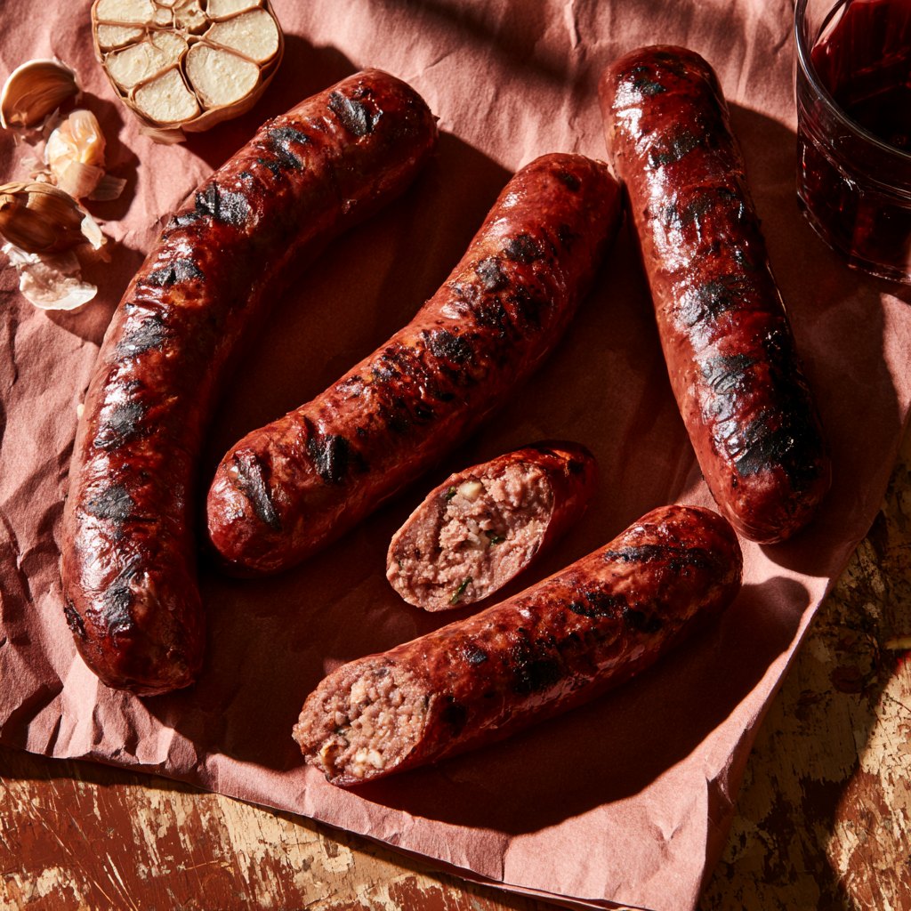 Red wine and garlic sausages in the ownership-mapped product photograph